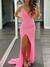 Sheath/Column V-neck Sequined Sweep Train Split Front Prom Dresses #Favs020108696