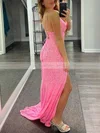 Sheath/Column V-neck Sequined Sweep Train Split Front Prom Dresses #Favs020108696