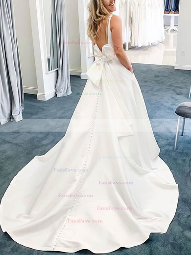 A-line V-neck Satin Sweep Train Bow Prom Dresses #Favs020108698