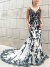 Trumpet/Mermaid V-neck Lace Tulle Sweep Train Appliques Lace Prom Dresses #Favs020108701