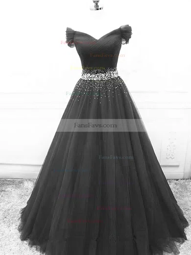 A-line Off-the-shoulder Tulle Sweep Train Beading Prom Dresses #Favs020108702