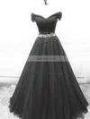 A-line Off-the-shoulder Tulle Sweep Train Beading Prom Dresses #Favs020108702