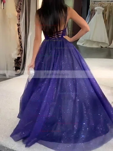 A-line V-neck Glitter Sweep Train Prom Dresses #Favs020108705