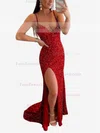A-line V-neck Sequined Sweep Train Split Front Prom Dresses #Favs020108707