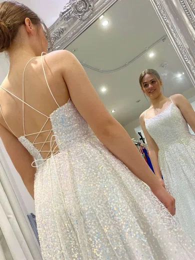 A-line Square Neckline Sequined Sweep Train Split Front Prom Dresses #Favs020108710