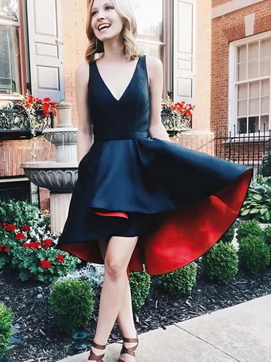 A-line V-neck Satin Asymmetrical Pockets Prom Dresses #Favs020105403