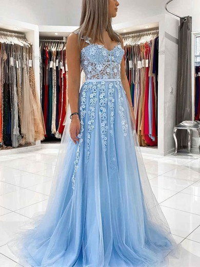 A-line V-neck Lace Tulle Sweep Train Appliques Lace Prom Dresses #Favs020108711