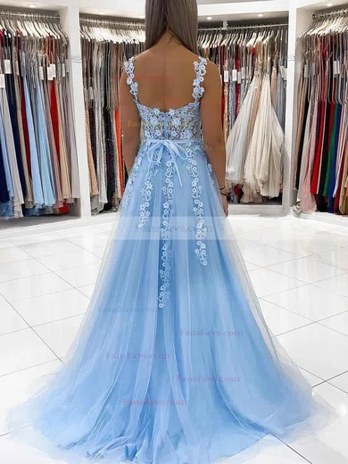 A-line V-neck Lace Tulle Sweep Train Appliques Lace Prom Dresses #Favs020108711