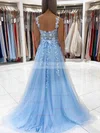 A-line V-neck Lace Tulle Sweep Train Appliques Lace Prom Dresses #Favs020108711