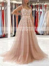 A-line V-neck Lace Tulle Sweep Train Appliques Lace Prom Dresses #Favs020108711