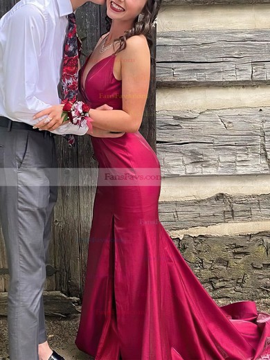 Trumpet/Mermaid V-neck Silk-like Satin Sweep Train Split Front Prom Dresses #Favs020108717