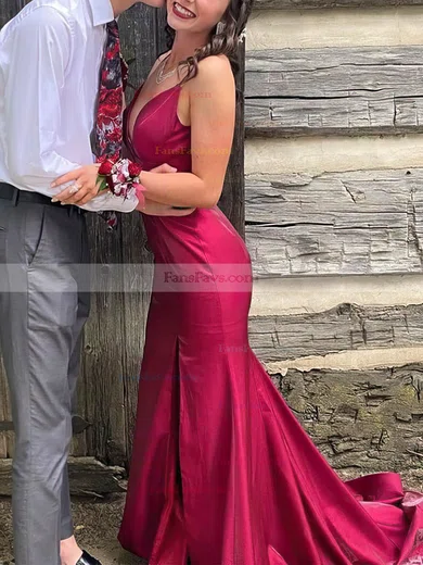 Trumpet/Mermaid V-neck Silk-like Satin Sweep Train Split Front Prom Dresses #Favs020108717