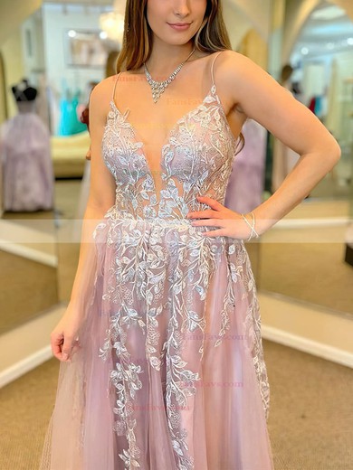 A-line V-neck Lace Tulle Sweep Train Appliques Lace Prom Dresses #Favs020108718