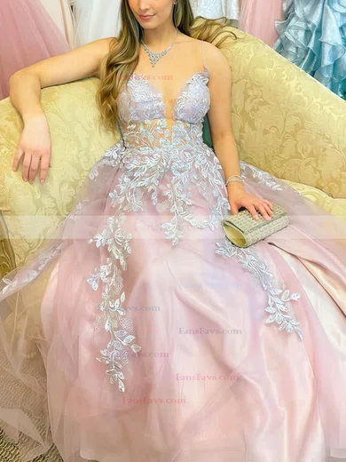 A-line V-neck Lace Tulle Sweep Train Appliques Lace Prom Dresses #Favs020108718