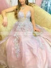 A-line V-neck Lace Tulle Sweep Train Appliques Lace Prom Dresses #Favs020108718