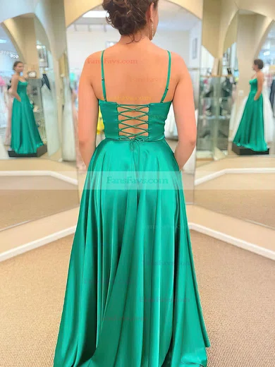 A-line Square Neckline Silk-like Satin Sweep Train Pockets Prom Dresses #Favs020108719