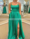A-line Square Neckline Silk-like Satin Sweep Train Pockets Prom Dresses #Favs020108719