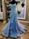 Trumpet/Mermaid Square Neckline Tulle Sweep Train Appliques Lace Prom Dresses #Favs020108721