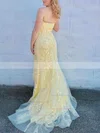 Trumpet/Mermaid Strapless Tulle Sweep Train Appliques Lace Prom Dresses #Favs020108722