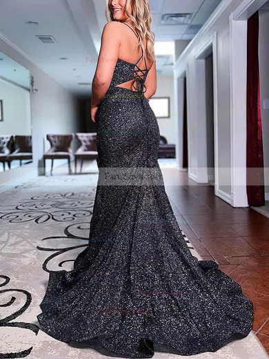 Trumpet/Mermaid V-neck Glitter Sweep Train Prom Dresses #Favs020108724