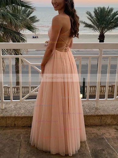 A-line Square Neckline Tulle Sweep Train Appliques Lace Prom Dresses #Favs020108730