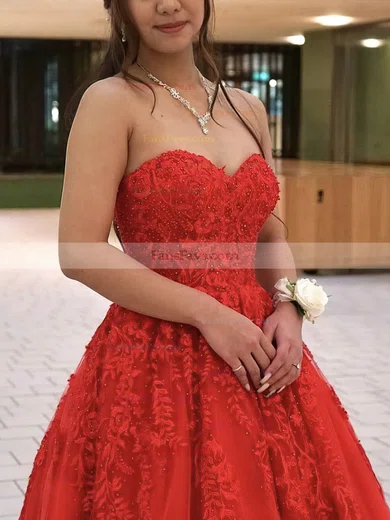 Ball Gown Sweetheart Tulle Sweep Train Appliques Lace Prom Dresses #Favs020108731