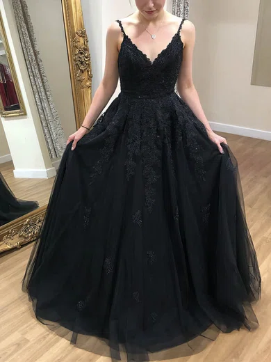 A-line V-neck Tulle Sweep Train Appliques Lace Prom Dresses #Favs020108732