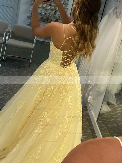 A-line Scoop Neck Tulle Sweep Train Appliques Lace Prom Dresses #Favs020108733