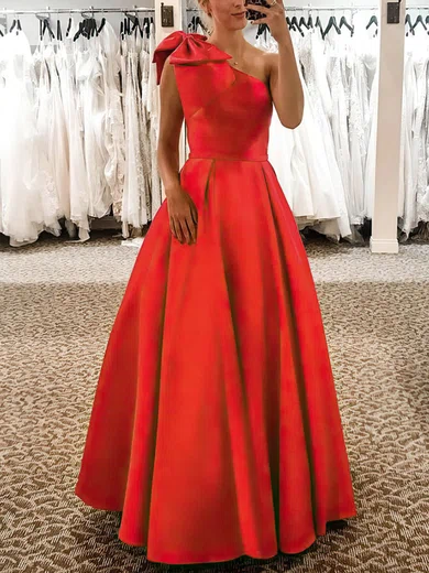 A-line One Shoulder Satin Sweep Train Bow Prom Dresses #Favs020108736