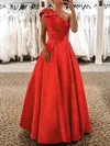 A-line One Shoulder Satin Sweep Train Bow Prom Dresses #Favs020108736