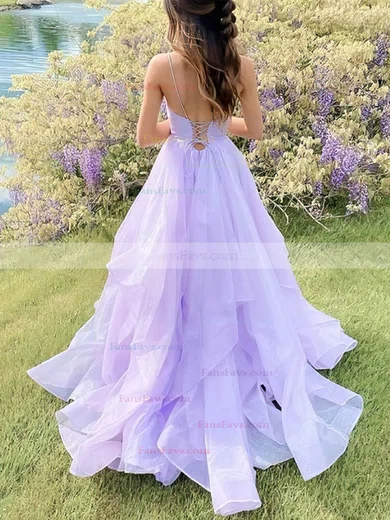 A-line V-neck Organza Sweep Train Cascading Ruffles Prom Dresses #Favs020108740