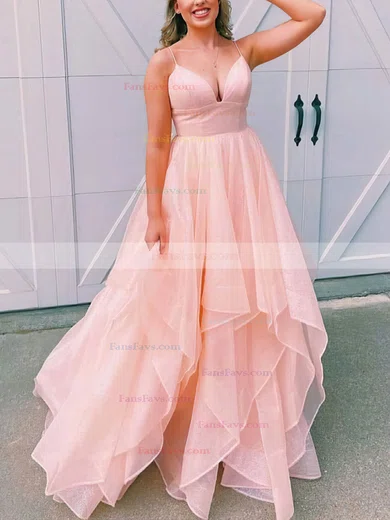 A-line V-neck Organza Sweep Train Cascading Ruffles Prom Dresses #Favs020108740