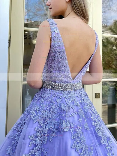 A-line V-neck Tulle Sweep Train Beading Prom Dresses #Favs020108742