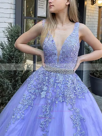 A-line V-neck Tulle Sweep Train Beading Prom Dresses #Favs020108742