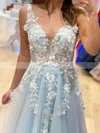 A-line V-neck Tulle Sweep Train Appliques Lace Prom Dresses #Favs020108745