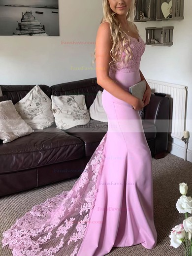 Trumpet/Mermaid V-neck Silk-like Satin Sweep Train Appliques Lace Prom Dresses #Favs020108750