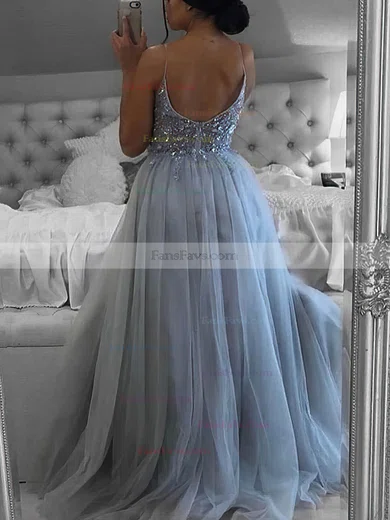 A-line V-neck Tulle Sweep Train Beading Prom Dresses #Favs020108754