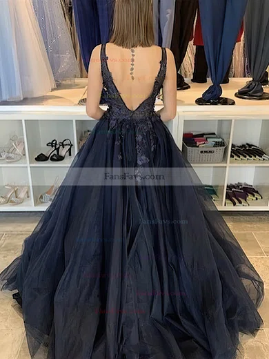 A-line V-neck Tulle Sweep Train Appliques Lace Prom Dresses #Favs020108755