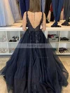 A-line V-neck Tulle Sweep Train Appliques Lace Prom Dresses #Favs020108755