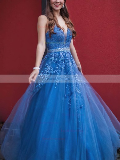 A-line V-neck Tulle Sweep Train Appliques Lace Prom Dresses #Favs020108756