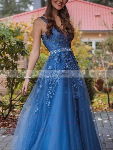 A-line V-neck Tulle Sweep Train Appliques Lace Prom Dresses #Favs020108756