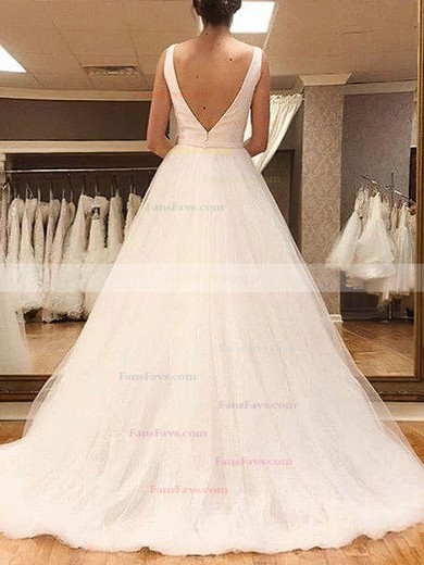 A-line V-neck Tulle Sweep Train Prom Dresses #Favs020108757