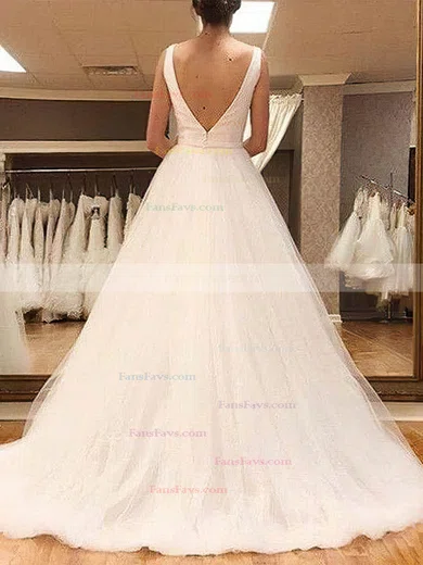 A-line V-neck Tulle Sweep Train Prom Dresses #Favs020108757