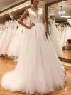 A-line V-neck Tulle Sweep Train Prom Dresses #Favs020108757