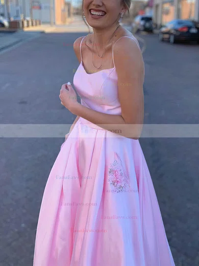 A-line V-neck Silk-like Satin Sweep Train Beading Prom Dresses #Favs020108758