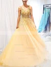 A-line V-neck Tulle Sweep Train Beading Prom Dresses #Favs020108762