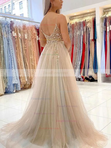 A-line V-neck Tulle Sweep Train Beading Prom Dresses #Favs020108766