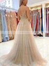 A-line V-neck Tulle Sweep Train Beading Prom Dresses #Favs020108766