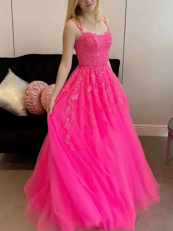 A-line Square Neckline Tulle Sweep Train Appliques Lace Prom Dresses #Favs020108769