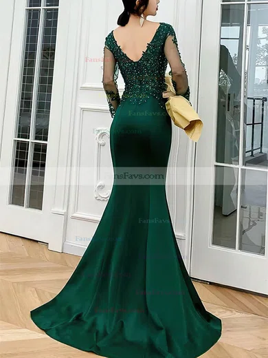 Trumpet/Mermaid V-neck Stretch Crepe Sweep Train Beading Prom Dresses #Favs020108770